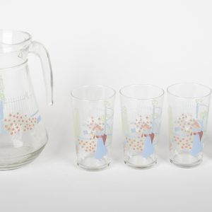 Ensemble Vintage Pichet en Verre et 4 Verres à Eau – Décor Bucolique