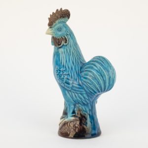 Coq décoratif en céramique émaillée bleue – Sculpture vintage – 16 cm