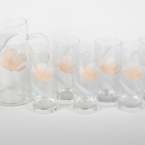 Service à boisson vintage – Pichet et verres en verre décorés de fleurs