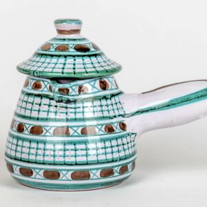 Chocolatière Robert Picault à manche, décor géométrique vert et brun sur fond blanc.