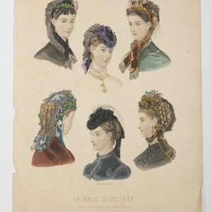 Gravure de mode ancienne colorée, planche 1 : six bustes de femmes coiffées de chapeaux et bonnets.