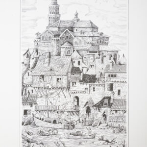 Michel Négrier, Périgueux : vue dessinée en noir et blanc de la ville et de sa cathédrale à coupoles.