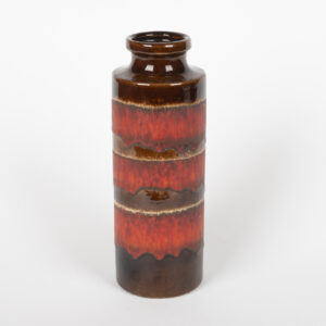 Vase cylindrique West Germany 203-26, bandeaux rouges à coulures sur fond brun.