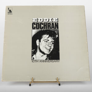 Pochette du vinyle Eddie Cochran 10th Anniversary, portrait dessiné sur fond gris.